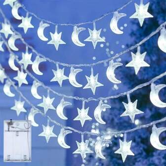 1.5/3/6/10m 10/20/40/60LED Majisu Moon And Star String Lights Battery-Powered, Soft Glow Plastic Design For Bedroom, Dorm, Wedding, Party, And Indoor Decor