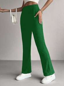 Solid Color Ribbed Ribbed Elastic Waist Straight Leg Green Casual Pants, Versatile Minimalist Daily Commute Style - Green - View 3