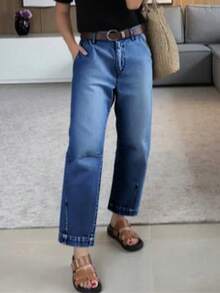 Women's Casual Elegant Light-Washed Tapered 7/8 Length Jeans With Pockets And Pleated Details, Medium Stretch Fabric - Dark Wash - View 5