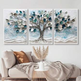 Conjunto de 3 piezas de arte de pared enmarcado en lienzo "Árbol de la Vida" - Cada uno de 30 x 40 cm, de alta calidad para decoración del hogar y la oficina, perfecto para la decoración de la habitación, arte de pared con marco