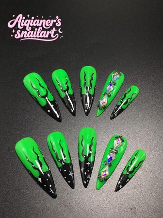 Each Set Consists Of 10 Pieces Of Handmade Acrylic Nail Plates For Y2K Stiletto Heels, Designed In French Style With Rhinestones, Speckles, And Striped Decorations, Available In Multiple Tones And Nude Colors. 3 Sizes To Fit, Suitable For Christmas, Parties, Dances, And Daily Wear. Comes With A Nail Kit, Making It An Ideal Press On Nails Gift For Ladies And Girls.