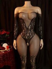 Sexy No-Shoulder Strap One Shoulder Open Crotch Netting Bodycon Dress, Body Socks, With Hollow Details, Adult Women's Enhanced Elasticity Bodycon Dress - Black - View 9