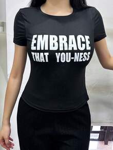 Round Neck Short Sleeve T-Shirt, American Style Baddie, Summer New Letter Print, Slim Fit Cropped Women's Top - Black - View 2