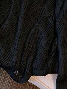 Áo khoác ngoài dáng rộng cổ chữ V họa tiết hình thoi khoét rỗng dành cho nữ, chất liệu dệt kim nhẹ và thoáng khí, thích hợp cho bãi biển và kỳ nghỉ, mùa xuân/hè, màu đen. - màu đen - Xem 4