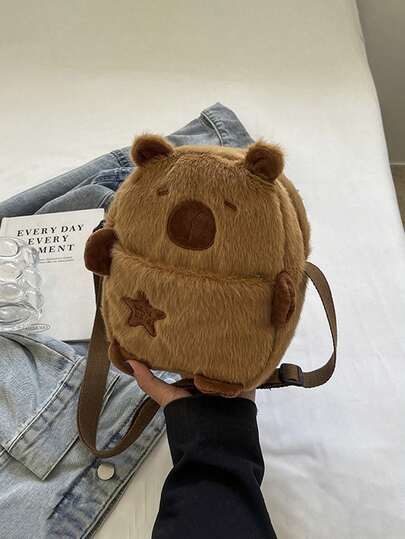 Bolso bandolera de peluche de capibara lindo, bolso de hombro ligero para uso diario, correa ajustable, cierre con cremallera, forro de poliéster. Bolso con estampado de capibara de dibujos animados - color café, adecuado para el Día de San Valentín y la temporada de regreso a la escuela.