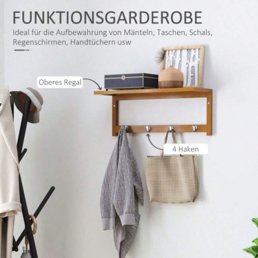 Wall-Mounted Coat Rack With Hooks, Space-Saving, 5 Kg Load Capacity, 50 X 16 X 17.5 Cm, Natural Wood - Original Bamboo Color - View 1