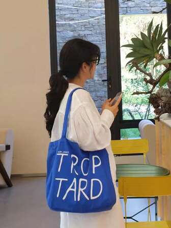 1pc Blue Canvas Bag, Daily Matching Shoulder Tote Bag, Large Capacity Japanese Style Shopping Bag, Minimalist Letter Handbag, Suitable For College Students, Daily Shopping, Casual Travel, Unisex