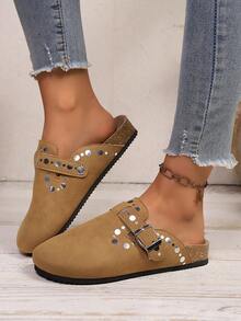 Women's Round Toe Sequin Buckle Strap Shoes, Fashionable, Casual, Comfortable, Convenient Slip-On, Suitable For Daily, Commute, Party - Camel - View 4
