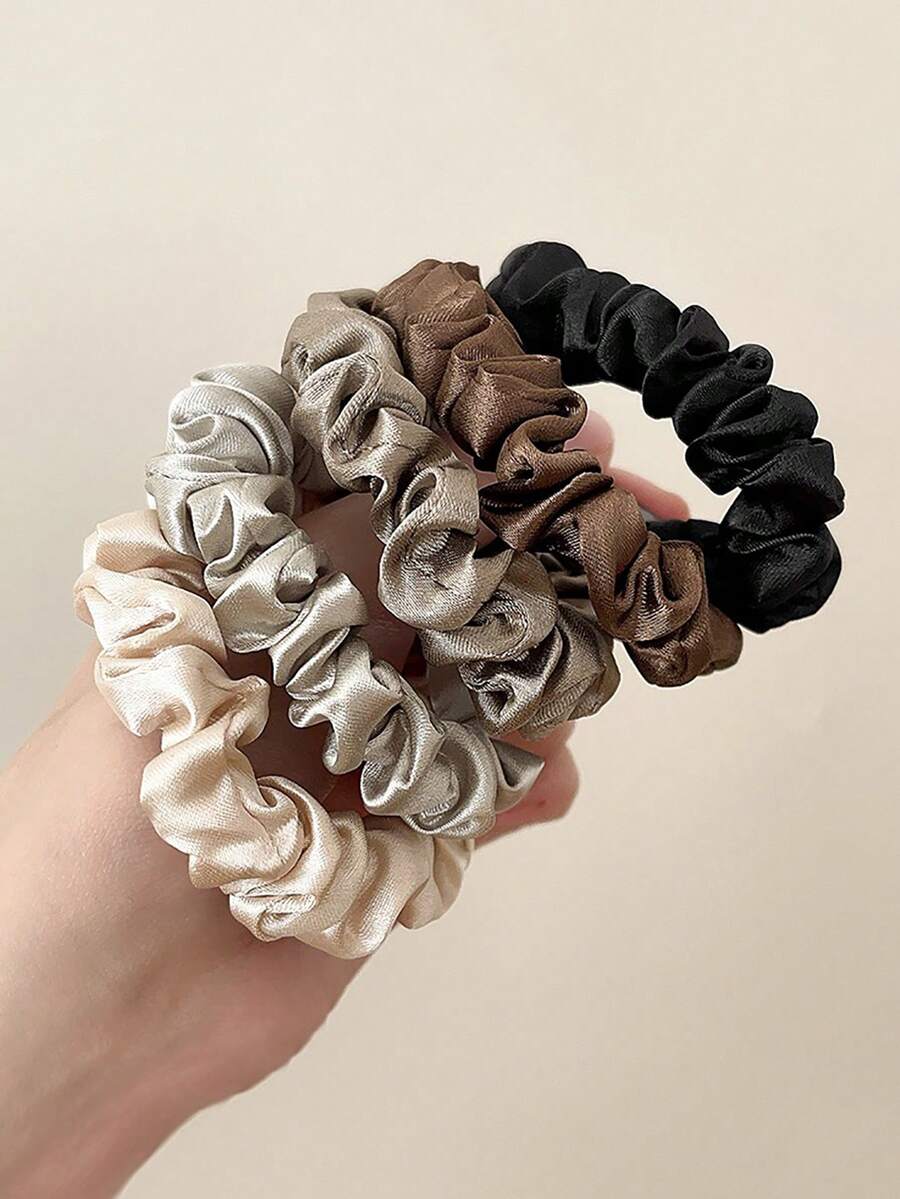 5pcs Women's Fabric Pleated Satin Hair Scrunchies, Elegant Minimalist Design, Elastic Hair Ties Suitable For Ponytails And Buns, Daily Use ,Scrunchy Hair Ties - Multicolor - View 1