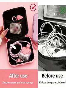 Pink Portable Electronic Organizer Case (Compatible With IPhone 15W Charger, 14 13 Pro Max), For Cables, Chargers, USB Drives - Zipper Closure, Travel-Friendly Accessory Pouch, Travel Essentials, School Supplies, Christmas & Valentine's Day Gift For College Students - Multicolor - View 5