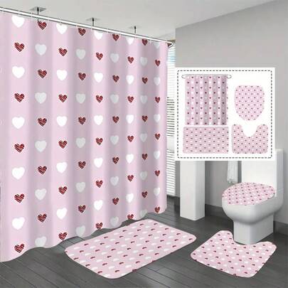 1/4pcs Pink Valentine's Day Heart Shower Curtain Set, Decorative Bathroom Set Includes 2D Flat Print Shower Curtain, Bathroom Curtains, Anti-Slip Mat, Toilet Lid Cover, Bath Mat And 12pcs Plastic Hooks, Bathroom Accessories, Home Decor