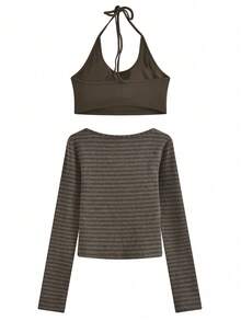 韩式条纹修身长袖T恤+吊带背心 - 咖啡棕 - 查看 6