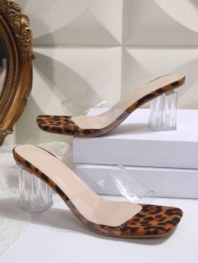 Fashionable Open Toe Leopard Print Women's High Heel Sandals, Square Toe Crystal Heel Summer High Heels, Suitable For Business, Party, Wedding, Nightclub, Masquerade Ball, Music Festival
