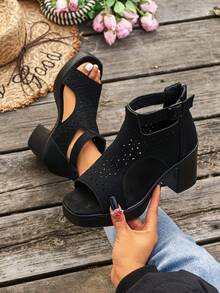 Women's High Heel Sandals, Summer Roman Style Hollow-Out Fashion Solid Color Back Zipper Thick Heel Sandals - Black - View 6