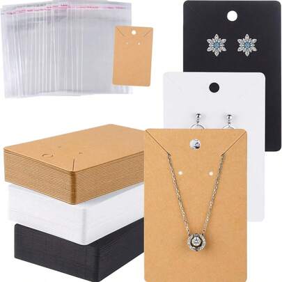 50pcs Jewelry Display Cards + 50pcs Self-Sealing Bags Earring Necklace Kraft Paper Tags Small Business Supplies