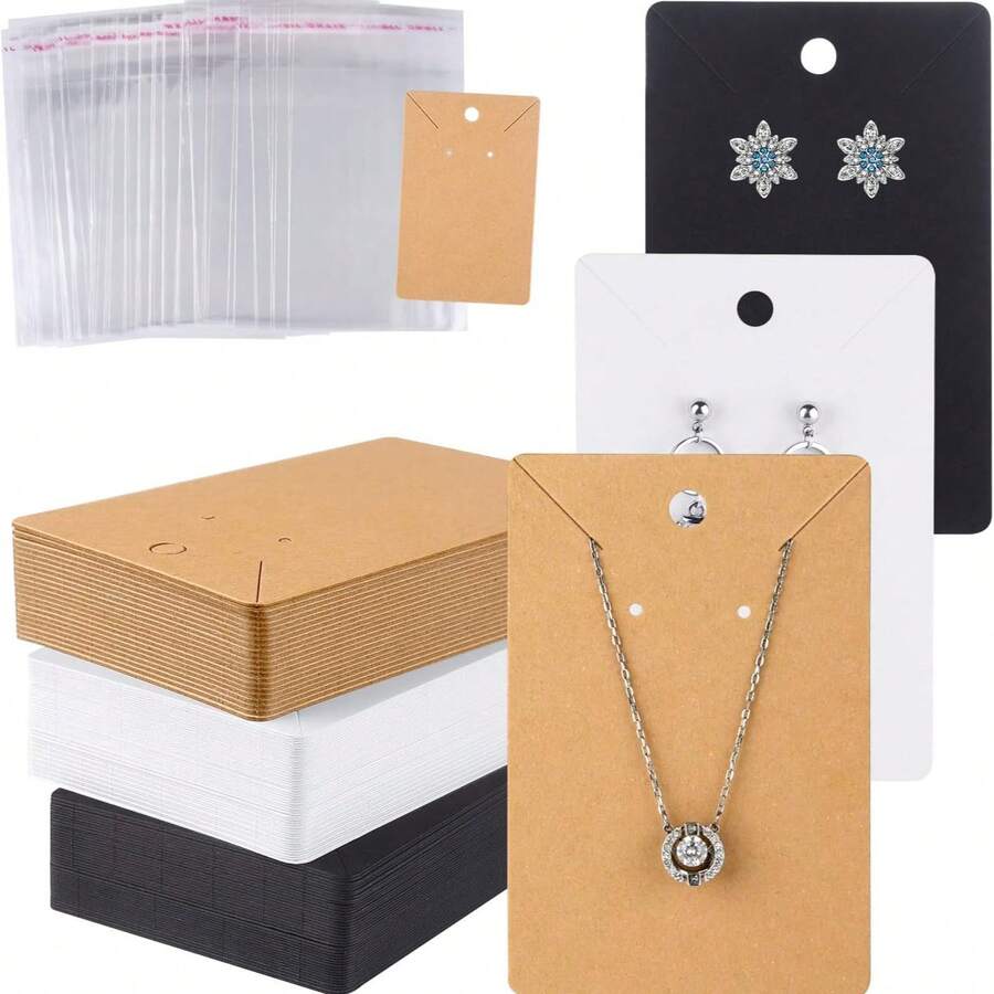50pcs Jewelry Display Cards + 50pcs Self-Sealing Bags Earring Necklace Kraft Paper Tags Small Business Supplies