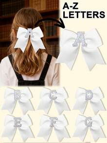1pc 5 Inch Navy Blue 26 Letters A-Z Pearl Letters Personalized Back To School Ponytail Girl HairBow Teenagers Girl Hair Bows With Clips For Festivals Party School Girls Graduation Season Hairgrips For First Day Of School Classroom Girls Students,Teenagers Hair Accessories - White - View 2