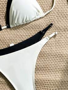 LUCKY HOLIDAY 2026 夏季新款时尚性感沙滩撞色双层三角比基尼丁字裤系带复古风女泳衣两件套