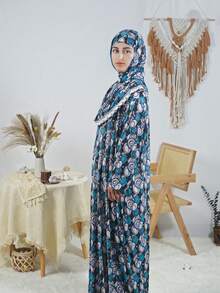 Women's Full Length Hooded Prayer Wear With Ruffle Neck Detail And Regular Long Sleeves Slight Stretch Fabric