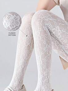 女士白色花卉提花镂空渔网打底裤，性感紧身透明丝袜，高弹力甜美火辣女孩连裤袜 - 白色 - 查看 6