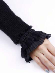 1pair Fashionable High Elasticity Fingerless Arm Warmer Gloves, Double Layer Lace Decor False Sleeves, Knitted Cuff Cover For Women And Girls Clothing Accessories Dress Up, Black & White Cold Gloves Valentine's Day Valentines - 黑色 - 查看 2