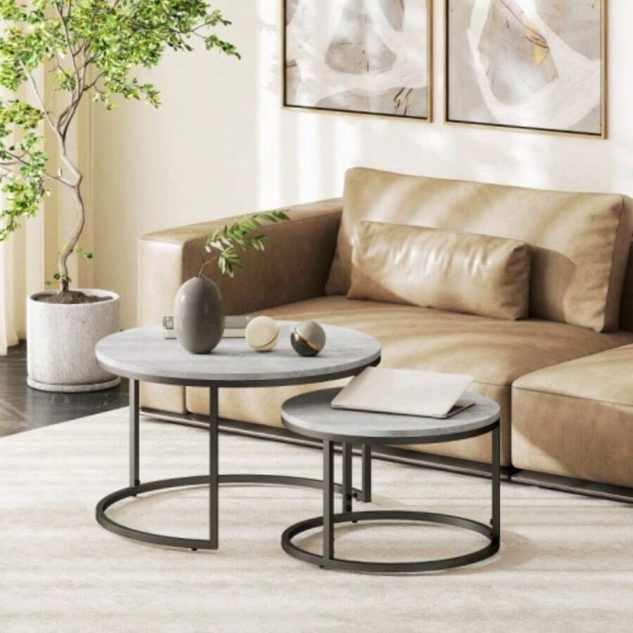 Coffee Table Set, 2 Round Nesting Tables, Industrial Design, Metal Frame, Concrete/Black Look - Light Grey - View 1