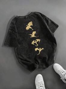 Women's Fun Basgiath War College Vintage Washed T-Shirt Fourth Wing Cartoon Letter Pattern Printed Street, Korean Version Comfortable Retro Fashion Commuting Versatile Y2k Women's Clothing, Conventional Niche Punk Style Black Fitted Round-Neck Short-Sleeved Washed T-Shirt The Washable Retro Series Of Comfortable Pure Cotton T-Shirts Make It Easy To Create Retro Casual Wear. They Are Suitable For Daily Commuting, Leisure Outings, And Daily Outfits. Classic And Retro Style Women's Clothing - màu đen - Xem 2