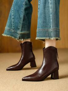 Qiluyuan Botas de tobillo de moda para mujer, nuevas botas elegantes de estilo francés de unicolor, sexy punta puntiaguda con tacón alto y cremallera trasera, versátiles para uso casual, trabajo, fiesta de vacaciones, Navidad, botas de tobillo en marrón, negro - Marrón - Ver 7