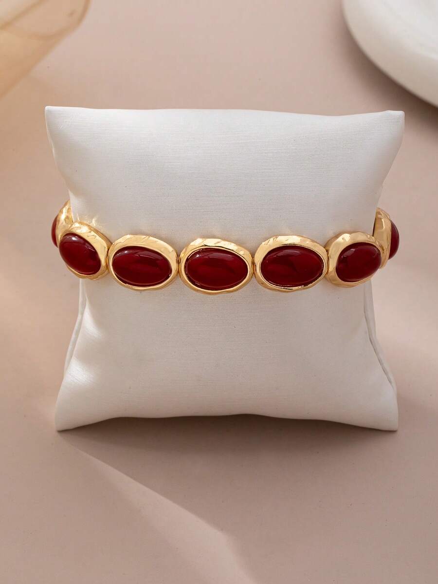 1件欧式不对称亚克力镶嵌红色锤纹弹力手链 - 彩色 - 查看 1