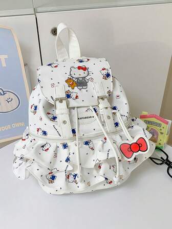 Sanrio Hello Kitty Rucksack mit Kordelzug und Klappe, süßes und niedliches Design, geeignet für Mädchen und Teenager, kann auch als Reise-, Einkaufs- oder Cosplay-Geschenk verwendet werden