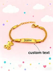 Personalized Mini Bear Bracelet (1 Piece) - Gold-Plated Stainless Steel Interlocking Chain, Customizable With Name/Date, Perfect Gift For Birthdays/New Year's Eve/Valentine's Day, Versatile Jewelry For Daily & Special Occasions, Cute Bear Pendant, Durable & Comfortable, Year-Round Wear, Stylish & Meaningful Keepsake