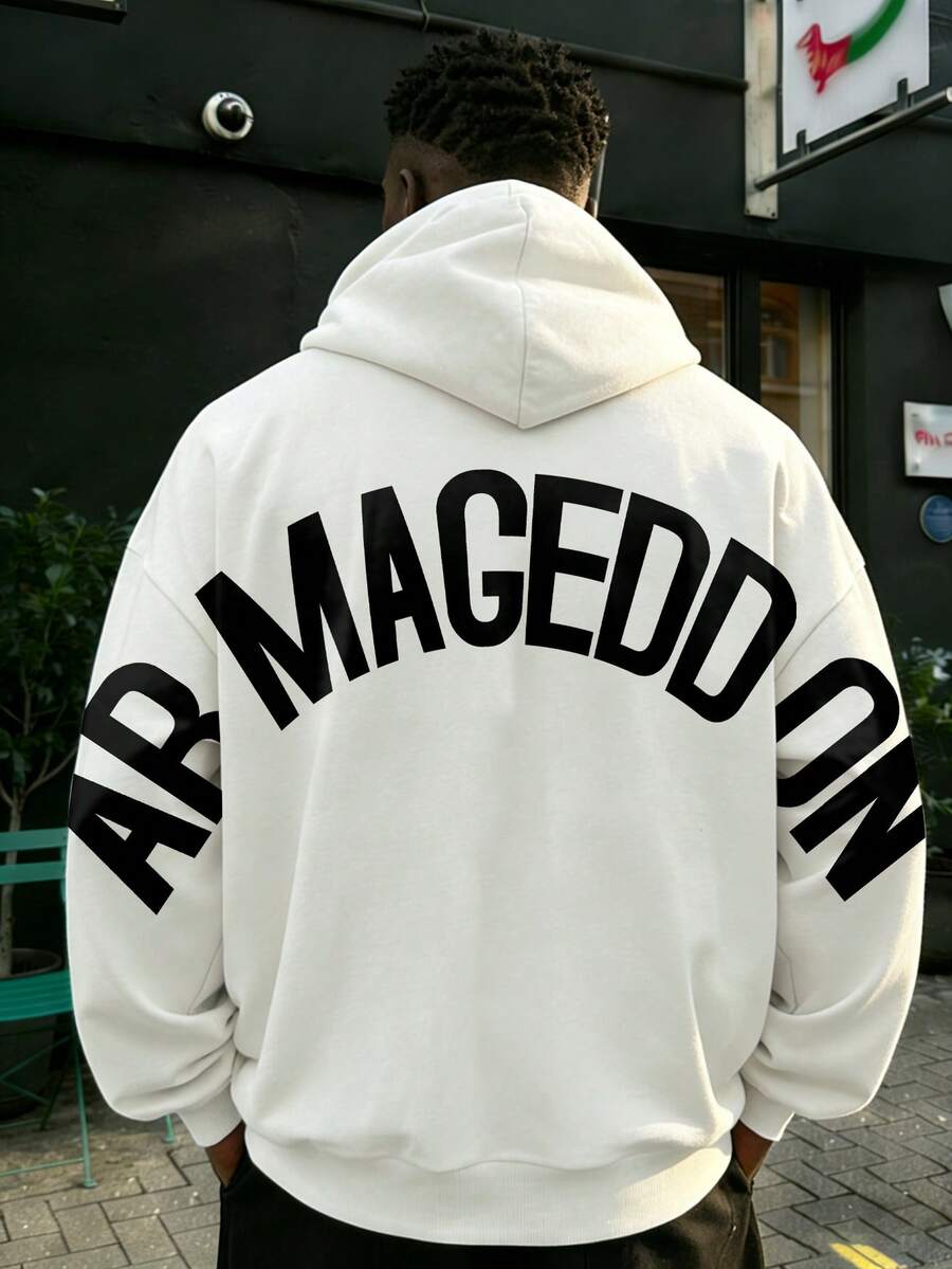 Men's Casual Sports Commute Versatile Apocalypse Print Thermal Lined Hoodie Sweatshirt - White - View 1