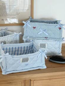 Keranjang Penyimpanan Lipat Bergaris Berlapis, Kotak Penyimpanan Meja Lipat, Tas Kosmetik Ember Pita Kapasitas Besar untuk Rumah, Dekorasi Ruangan - Baby Blue - View 6