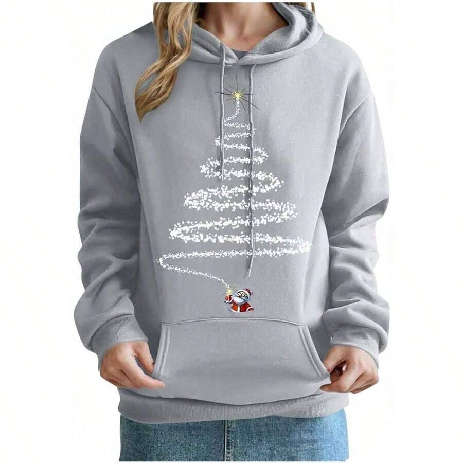 Sudadera con capucha para rbol de Navidad para mujer, con estampado de Pap Noel, de manga larga, para invierno, casual, festivo, bolsillos - A#01 Gris + XL - Ver 1
