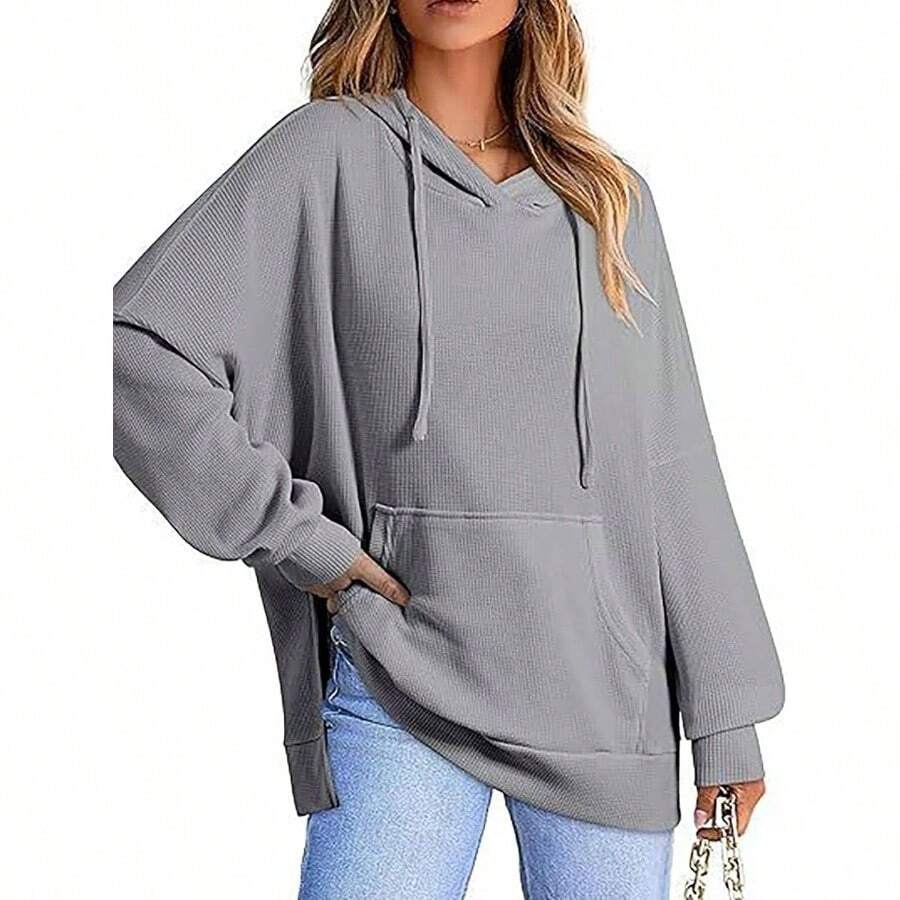 Sudadera Con Capucha Oversize Para Mujer, Sudaderas Informal De Manga Larga Con Cuello De Gofre, Sudadera Con Cordn Y Abertura Lateral Con Bolsillos - Gris + XXL - Ver 1