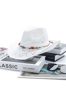 Swim Chiccia 1 件男女通用宝石装饰西部牛仔帽镂空印花草帽春夏旅行阳光沙滩帽休闲遮阳帽（收到产品后，如果帽檐变形，需要手动调整回去） - 西部牛仔禮帽 - 查看 26