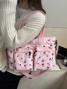 1个字母贴布装饰纯色大容量灯芯绒单肩手提包，多口袋购物袋，母亲节礼物，可折叠，适合上学、工作、旅行，适合毕业生、青少年、大学一年级、二年级、三年级、四年级学生以及户外活动 - 粉色 - 查看 4