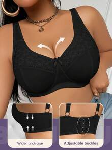 MEIYATING Reggiseno imbottito sexy, taglie forti, in pizzo floreale con patchwork, colore unito, con spalline regolabili, morbido e confortevole per uso quotidiano - nero - Visualizzare 5