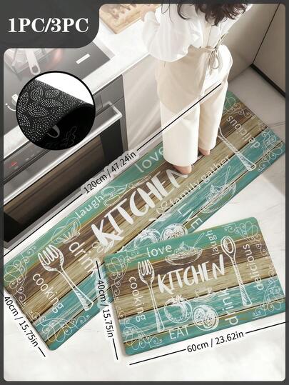 1pc/3pcs Kitchen Floor Mat, 750gsm Crystal Velvet Non-Slip Absorbent Rug, Long Kitchen Carpet With Rubber Bottom, Machine Washable, Modern Minimalist Nordic Style, KITCHEN Themed Print, Multiple Colors (Black/Gray/Wood Grain/Green Blue), Soft & Thick, No Pilling, Suitable For Stove, Sink, Dining Table Area, Oil & Water Resistant, Non-Slip, For Pregnant Women & Elderly, Elevates Kitchen Decor