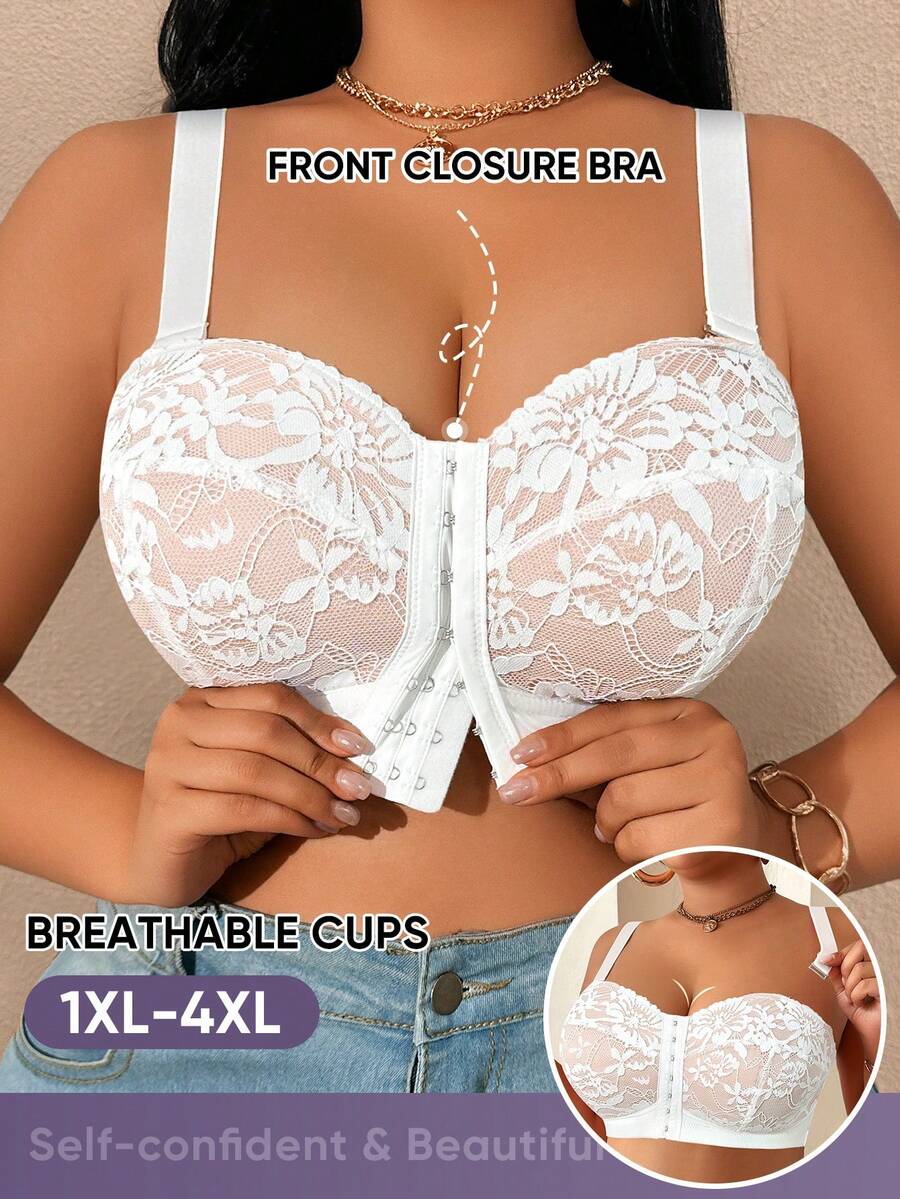MEIYATING Sutiã feminino plus size com fecho frontal em renda floral, macio e confortável, com cobertura total para uso diário, branco.