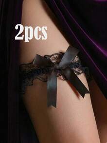 2件套性感黑红蕾丝腿套，女士弹力大腿带，适合派对、万圣节、圣诞节等场合 - 彩色 - 查看 8