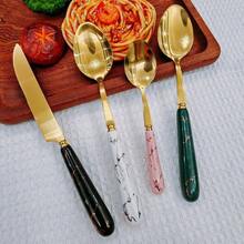 4pcs Golden Unique Stainless Steel Tableware, Old-Fashioned Silverware, Elegant Colorful Ceramic Handle Table Knife, Dessert Spoon, Fork And Spoon - Multi-Color Creative Tableware Porcelain, Perfect For Daily Dining And Holiday Gatherings