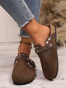 Women's Round Toe Sequin Buckle Strap Shoes, Fashionable, Casual, Comfortable, Convenient Slip-On, Suitable For Daily, Commute, Party - Brown - View 2