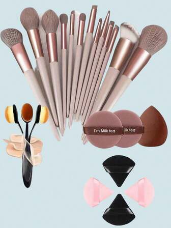 The 21-Piece Makeup Brush Set Includes A 13-Piece Makeup Brush Set, A 4-Number Foundation Brush, A Brown Makeup Sponge, 2 Round Powder Puff Sponges, And 4 Triangular Powder Puffs, Along With A Matching Storage Bag. It Is Suitable For Use With Eyeshadow, Foundation, BB Cream, Concealer, And Other Feminine Cosmetics. This Makeup Brush Set Provides Comprehensive And Soft Makeup Tools, Suitable For Both Beginners And Experienced Makeup Enthusiasts.