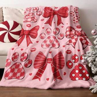 1pc Contemporary Flannel Valentine's Day Bow Design Blanket - Comfortable Warm Digital Printed Knit Blanket, Suitable For Napping, Sofa, Office, Camping, Valentine's Day, Mother's Day, Multi-Purpose Gift Blanket, Suitable For All Seasons