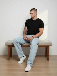 Men's Regular Fit Wide Leg Jeans - Light Blue - Vaqueros azul claro - Ver 4