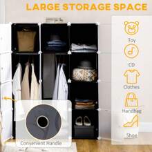HOMCOM Self-Assembly Wardrobe, Shelving System, Modular Storage System, Cube Wardrobe With Clothes Rail, PP, Black And White