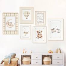 1 Stück Leinwandkunst, neutrale Stil Kinderzimmer Galerie Wanddekoration, sanftes beige Kinderzimmer Dekoration Teddybär Muster Entchen Thema Vintage Reise-Stil Buchstaben Poster - gerahmte Kinderzimmer Wandkunst, Mädchen Kinderzimmer Wanddekoration, Baby Mädchen, Baby Jungen, Mädchen Schlafzimmer Mädchen Kinderzimmer Dekorative Kunst, Baby Produkte Kinderzimmer Poster - Verschiedenfarbig - Übersicht 5