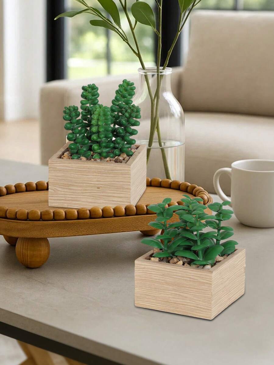 人造多肉植物、中密度纤维板花盆、木盒装饰、桌面摆件、人造植物、学校宿舍办公室装饰、户外派对活动、节日生日派对装饰、家居入口、酒店餐厅客厅卧室婚宴厨房花园装饰 - 綠色 - 查看 1