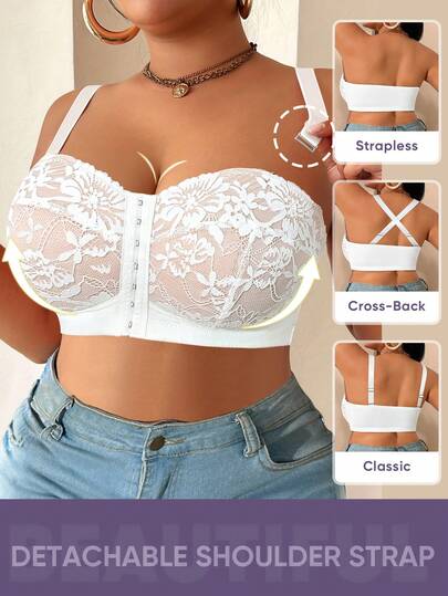 MEIYATING Plus Size Women Floral Lace Front Closure Soft & Comfortable Full Coverage Everyday Bra, White